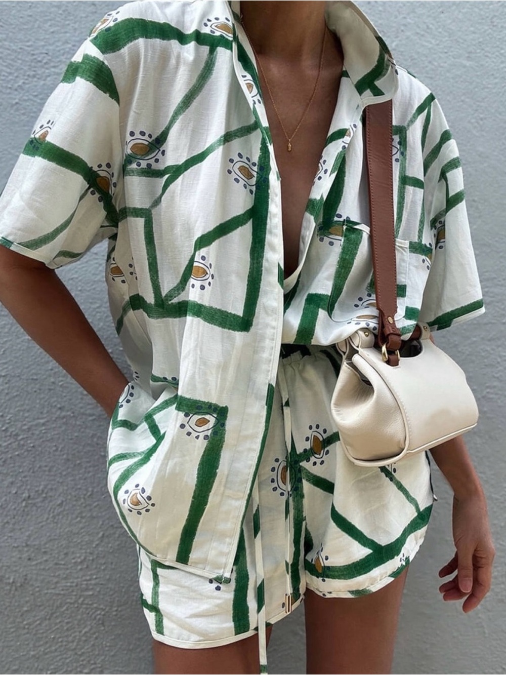 Commense White Button-Down Shirt with Green Graphic Print